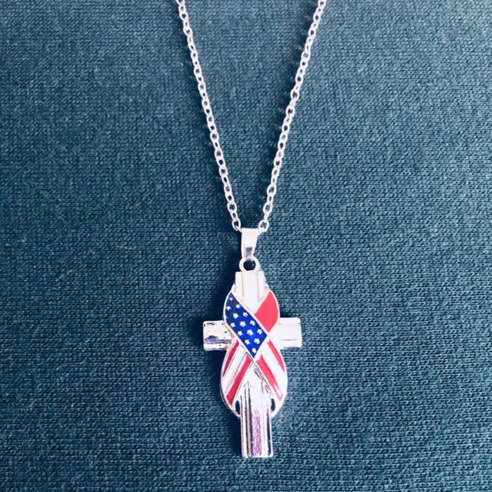 Silver Cross Pendant Necklace with American Flag Ribbon
